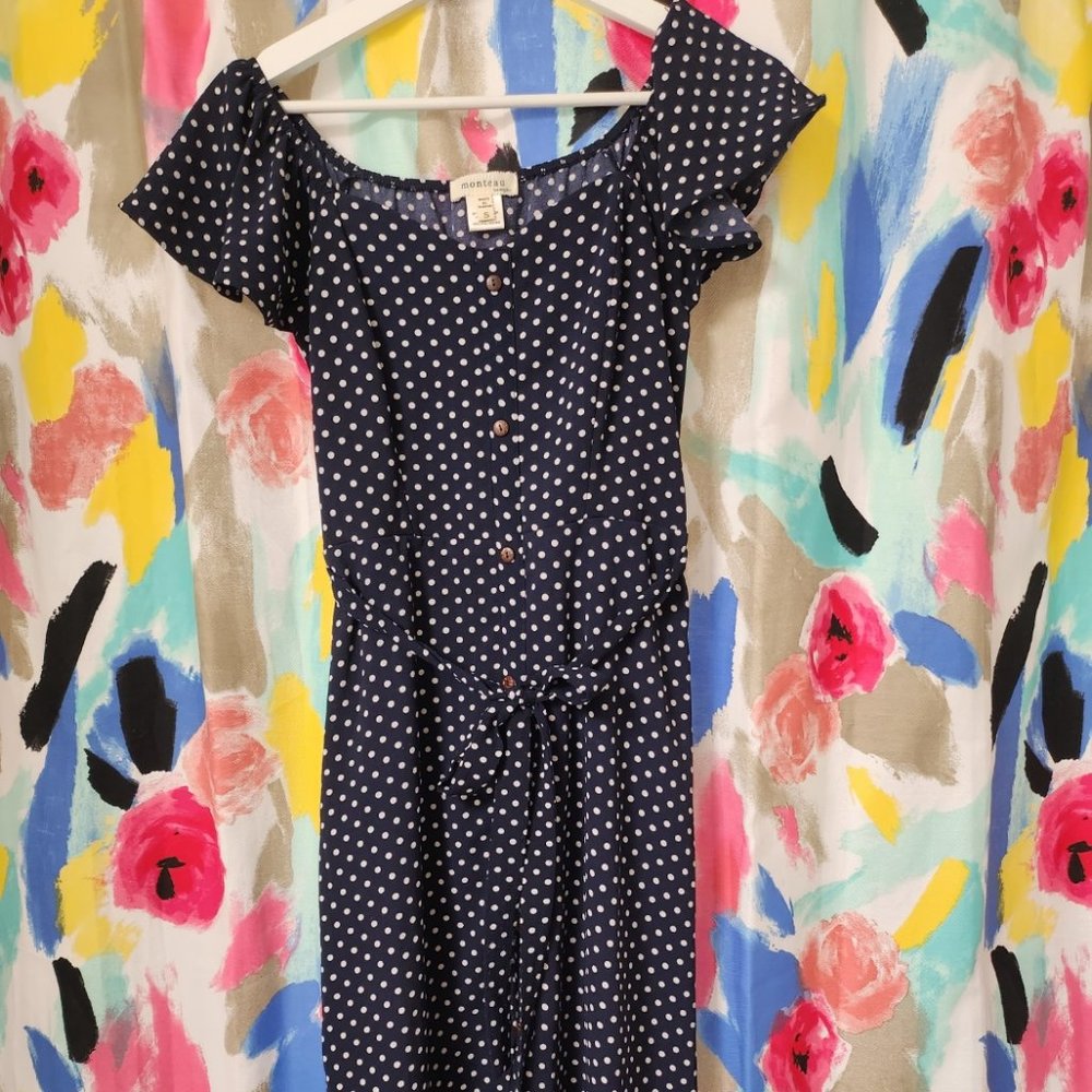 Navy dress with white polka dots